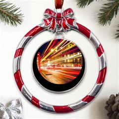 Telephone Box London Night Metal Red Ribbon Round Ornament by Uceng