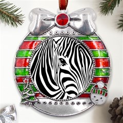 Animal Cute Pattern Art Zebra Metal X mas Ribbon With Red Crystal Round Ornament by Amaryn4rt