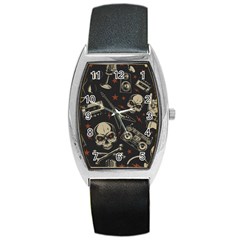 Grunge Seamless Pattern With Skulls Barrel Style Metal Watch by Amaryn4rt