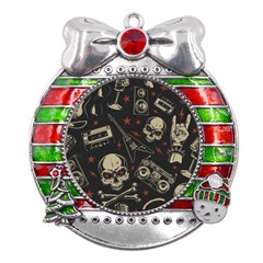 Grunge Seamless Pattern With Skulls Metal X mas Ribbon With Red Crystal Round Ornament by Amaryn4rt