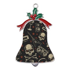 Grunge Seamless Pattern With Skulls Metal Holly Leaf Bell Ornament