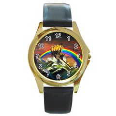 Rainbow Color Round Gold Metal Watch by uniart180623