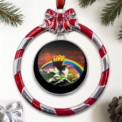 Rainbow Color Metal Red Ribbon Round Ornament