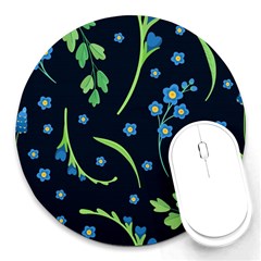 Abstract Wild Flowers Dark Blue Background Blue Flower Blossom Flat Retro Seamless Pattern Daisy Round Mousepad by uniart180623