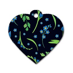 Abstract Wild Flowers Dark Blue Background Blue Flower Blossom Flat Retro Seamless Pattern Daisy Dog Tag Heart (one Side) by uniart180623