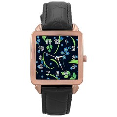 Abstract Wild Flowers Dark Blue Background Blue Flower Blossom Flat Retro Seamless Pattern Daisy Rose Gold Leather Watch  by uniart180623