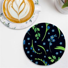 Abstract Wild Flowers Dark Blue Background Blue Flower Blossom Flat Retro Seamless Pattern Daisy Uv Print Round Tile Coaster by uniart180623