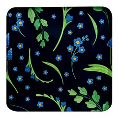 Abstract Wild Flowers Dark Blue Background Blue Flower Blossom Flat Retro Seamless Pattern Daisy Square Glass Fridge Magnet (4 Pack) by uniart180623