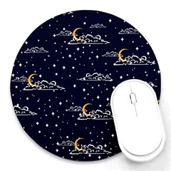 Hand-drawn-scratch-style-night-sky-with-moon-cloud-space-among-stars-seamless-pattern-vector-design- Round Mousepad by uniart180623