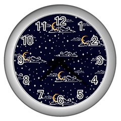 Hand-drawn-scratch-style-night-sky-with-moon-cloud-space-among-stars-seamless-pattern-vector-design- Wall Clock (silver) by uniart180623