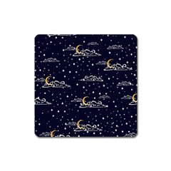 Hand-drawn-scratch-style-night-sky-with-moon-cloud-space-among-stars-seamless-pattern-vector-design- Square Magnet by uniart180623