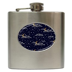 Hand-drawn-scratch-style-night-sky-with-moon-cloud-space-among-stars-seamless-pattern-vector-design- Hip Flask (6 Oz) by uniart180623