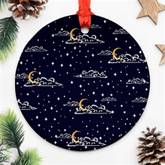 Hand-drawn-scratch-style-night-sky-with-moon-cloud-space-among-stars-seamless-pattern-vector-design- Round Ornament (two Sides) by uniart180623