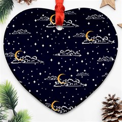 Hand-drawn-scratch-style-night-sky-with-moon-cloud-space-among-stars-seamless-pattern-vector-design- Heart Ornament (two Sides) by uniart180623