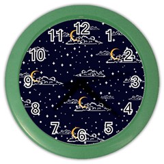 Hand-drawn-scratch-style-night-sky-with-moon-cloud-space-among-stars-seamless-pattern-vector-design- Color Wall Clock by uniart180623