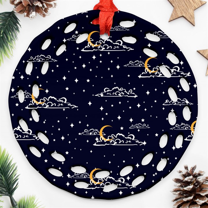 Hand-drawn-scratch-style-night-sky-with-moon-cloud-space-among-stars-seamless-pattern-vector-design- Ornament (Round Filigree)