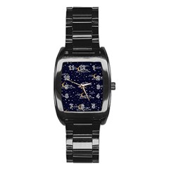 Hand-drawn-scratch-style-night-sky-with-moon-cloud-space-among-stars-seamless-pattern-vector-design- Stainless Steel Barrel Watch by uniart180623