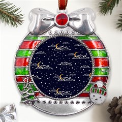 Hand-drawn-scratch-style-night-sky-with-moon-cloud-space-among-stars-seamless-pattern-vector-design- Metal X mas Ribbon With Red Crystal Round Ornament by uniart180623