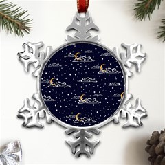 Hand-drawn-scratch-style-night-sky-with-moon-cloud-space-among-stars-seamless-pattern-vector-design- Metal Small Snowflake Ornament by uniart180623