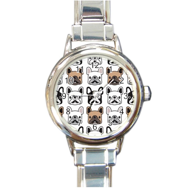 Dog-french-bulldog-seamless-pattern-face-head Round Italian Charm Watch