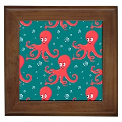 Cute-smiling-red-octopus-swimming-underwater Framed Tile by uniart180623