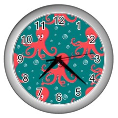 Cute-smiling-red-octopus-swimming-underwater Wall Clock (silver) by uniart180623