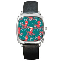 Cute-smiling-red-octopus-swimming-underwater Square Metal Watch by uniart180623