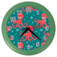 Cute-smiling-red-octopus-swimming-underwater Color Wall Clock by uniart180623