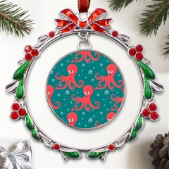 Cute-smiling-red-octopus-swimming-underwater Metal X mas Wreath Ribbon Ornament by uniart180623