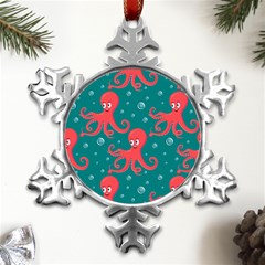 Cute-smiling-red-octopus-swimming-underwater Metal Small Snowflake Ornament by uniart180623