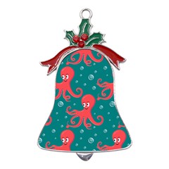 Cute-smiling-red-octopus-swimming-underwater Metal Holly Leaf Bell Ornament