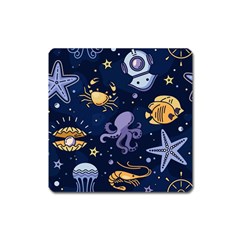 Marine-seamless-pattern-thin-line-memphis-style Square Magnet by uniart180623