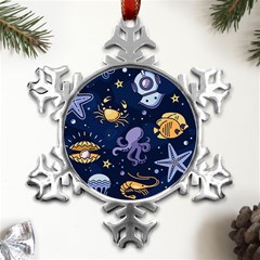 Marine-seamless-pattern-thin-line-memphis-style Metal Small Snowflake Ornament by uniart180623