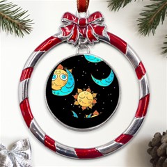 Seamless-pattern-with-sun-moon-children Metal Red Ribbon Round Ornament by uniart180623