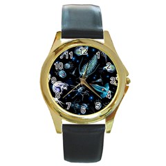 Colorful-abstract-pattern-consisting-glowing-lights-luminescent-images-marine-plankton-dark Round Gold Metal Watch by uniart180623