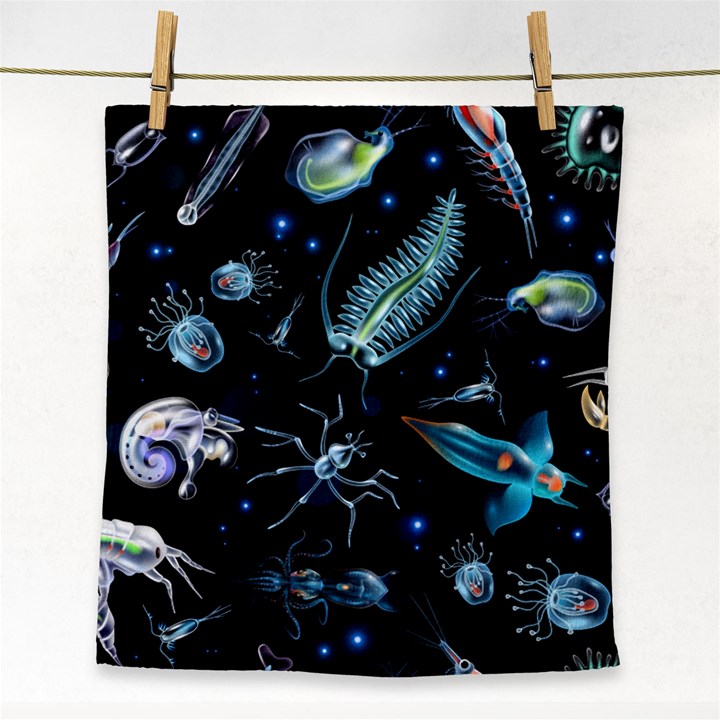 Colorful-abstract-pattern-consisting-glowing-lights-luminescent-images-marine-plankton-dark Face Towel