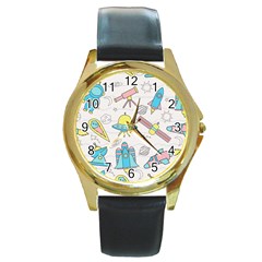 Cute-seamless-pattern-with-space Round Gold Metal Watch