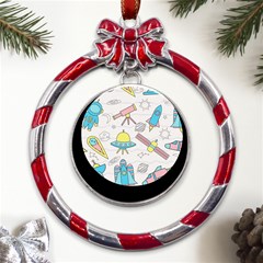 Cute-seamless-pattern-with-space Metal Red Ribbon Round Ornament