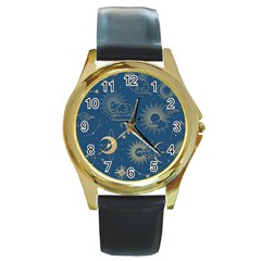 Seamless-galaxy-pattern Round Gold Metal Watch