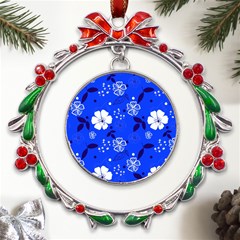 Blooming-seamless-pattern-blue-colors Metal X mas Wreath Ribbon Ornament