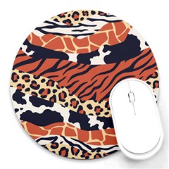 Mixed-animal-skin-print-safari-textures-mix-leopard-zebra-tiger-skins-patterns-luxury-animals-textur Round Mousepad by uniart180623