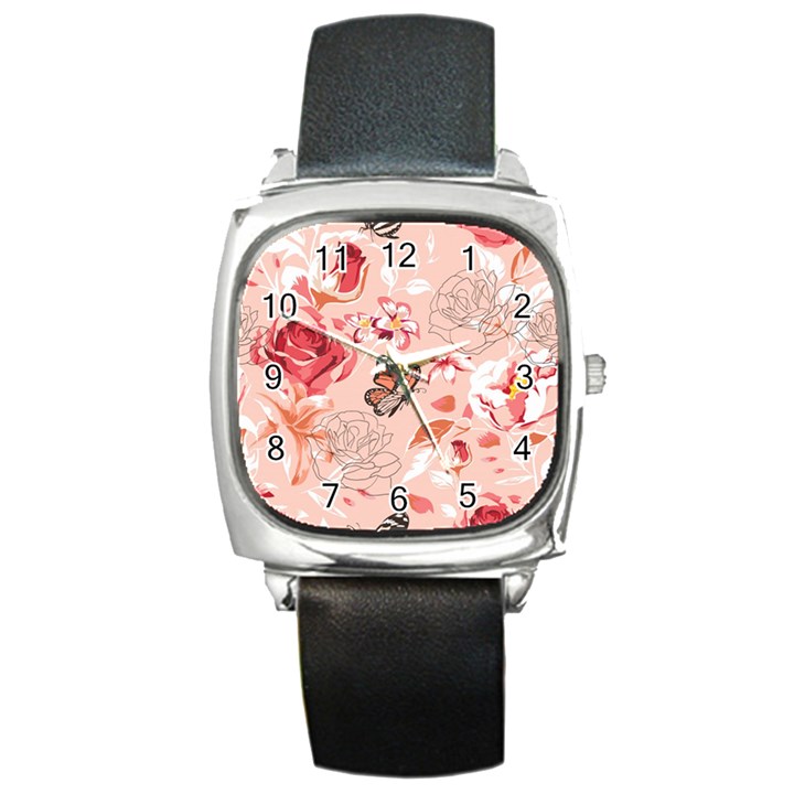 Beautiful-seamless-spring-pattern-with-roses-peony-orchid-succulents Square Metal Watch