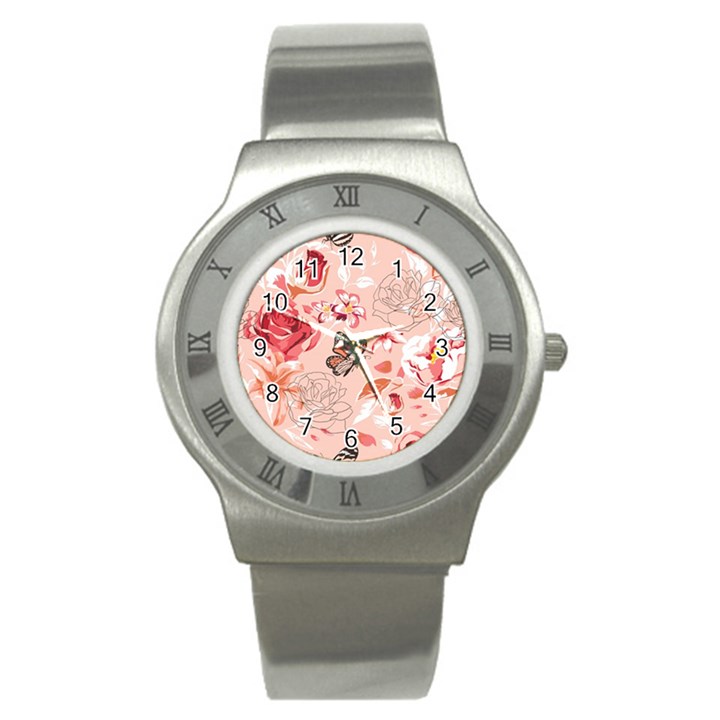 Beautiful-seamless-spring-pattern-with-roses-peony-orchid-succulents Stainless Steel Watch