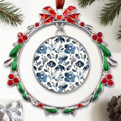 Indigo-watercolor-floral-seamless-pattern Metal X mas Wreath Ribbon Ornament by uniart180623