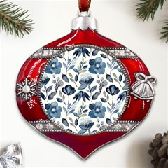 Indigo-watercolor-floral-seamless-pattern Metal Snowflake And Bell Red Ornament