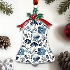 Indigo-watercolor-floral-seamless-pattern Metal Holly Leaf Bell Ornament