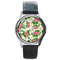 Cute-pink-flowers-with-leaves-pattern Round Metal Watch by uniart180623