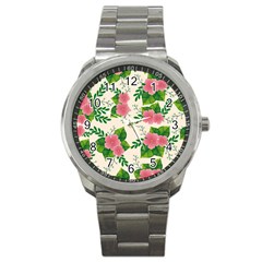 Cute-pink-flowers-with-leaves-pattern Sport Metal Watch by uniart180623