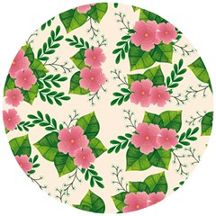 Cute-pink-flowers-with-leaves-pattern Wooden Puzzle Round by uniart180623