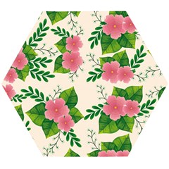 Cute-pink-flowers-with-leaves-pattern Wooden Puzzle Hexagon by uniart180623